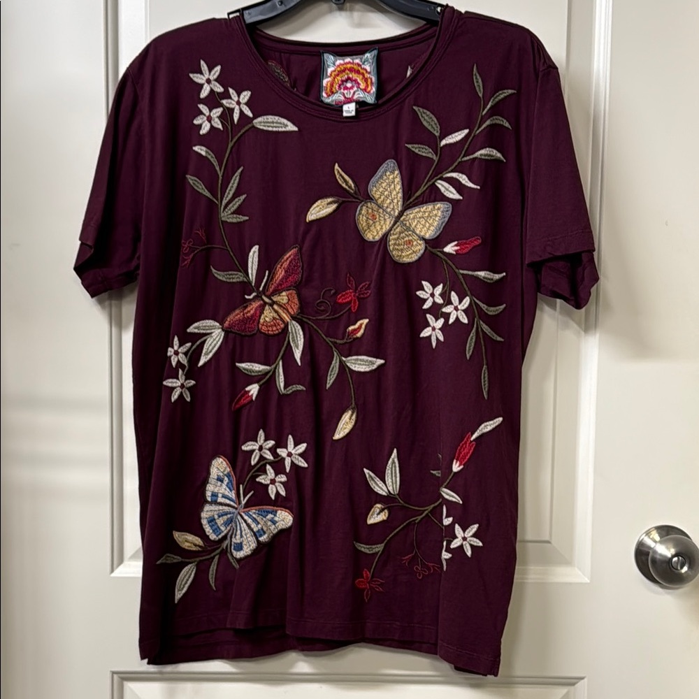 Johnny Was Burgundy Short Sleeve Tee with Floral and Butterfly Design